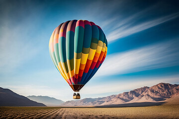 Fototapeta premium Colorful hot air balloon flying in bright blue Sky. Travel and air transportation concept. Generative AI