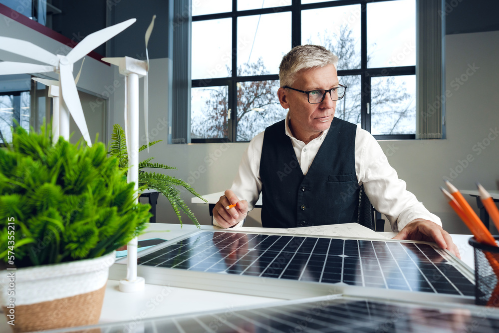 Wall mural male mature architect working on an ecological construction project in office