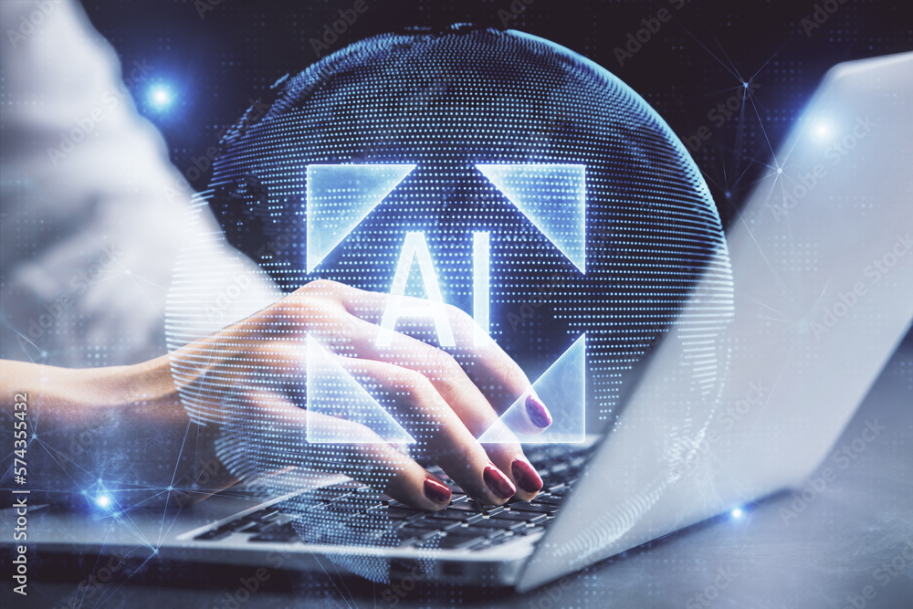 Aufkleber multi exposure of woman hands working on computer and data theme hologram drawing. tech concept.