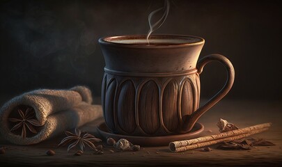  a painting of a cup of coffee with cinnamons and cinnamon sticks.  generative ai