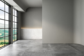 3D rendering of empty home interior with concrete floor and wall, white wall, arches. Mock up. 3D Rendering