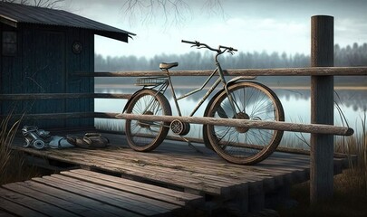 Fototapeta na wymiar a bicycle is parked on a wooden bridge near a body of water. generative ai