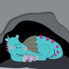 Dragon and Baby Dragon  Sleeping inside a Cave