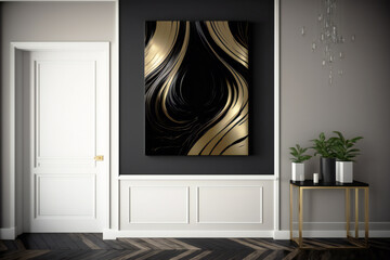 abstract deco in in black and gold design colors on the wall in a interior neural in minimalist style
