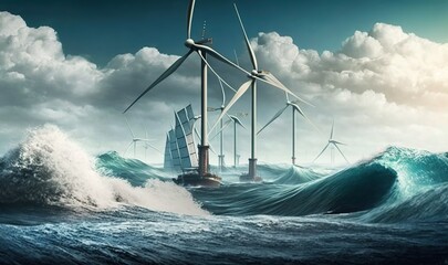  a group of windmills floating in the ocean with waves.  generative ai
