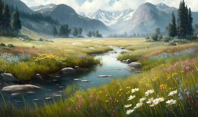 Fototapeta na wymiar a painting of a mountain meadow with flowers and a stream. generative ai