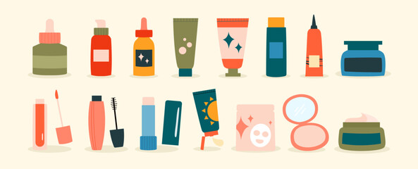 Skincare and cosmetic products vector illustration set