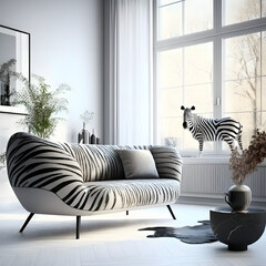 Cozy modern living room interior with zebra sofa and decoration room on white wall background, Generative AI
