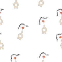 Eighth of March is Women's Day. A holiday in the spring. Pattern with flowers and a vase on a light background. Illustration for gift wrapping.