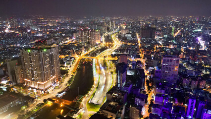 Fototapeta na wymiar Landmark81-Saigon-Vietnam Ho Chi Minh City at Light and Dark- Drone Shots-Sky shots- Sky pictures