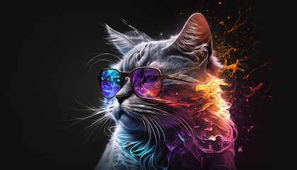 Celestial Cat with its Radiant Fur and Shape by Rays of Light of Multiple Colors Generated by AI