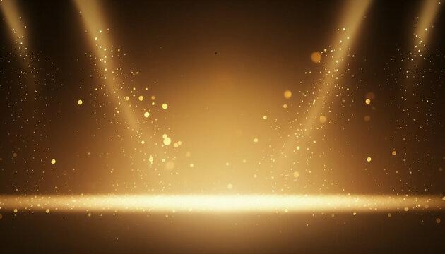Empty gold festive stage with light beams and shines glow, empty room at night background with copy space for award ceremony, jubilee or product presentations. Generative AI