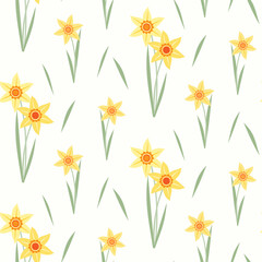 Seamless pattern of hand drawn of fresh daffodils  on isolated background. Design for mother's day, Easter, springtime and summertime celebration, scrapbooking, textile, home decor, paper craft.