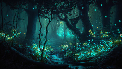 night in the woods an imaginary dense forest lit by fireflies