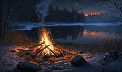  a campfire in the middle of a snowy field with a lake in the background.  generative ai
