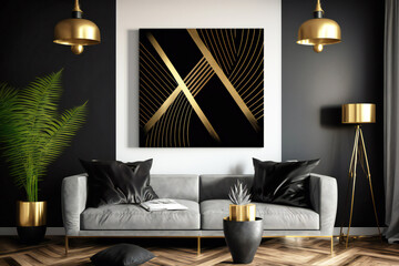 abstract deco in in black and gold design colors on the wall in a interior neural in minimalist style
