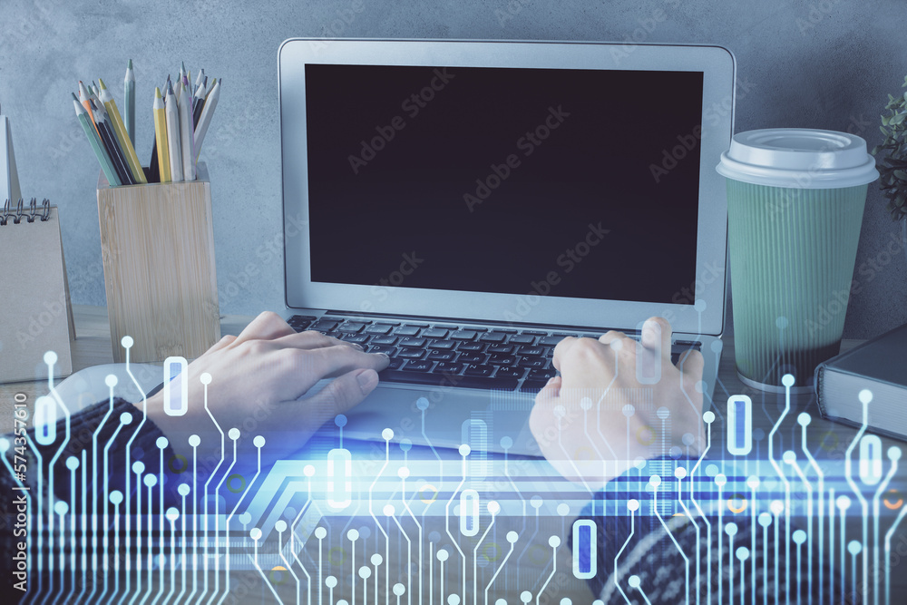 Poster double exposure of woman hands working on computer and data theme hologram drawing. tech concept.
