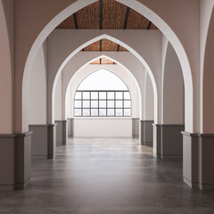 Minimalist empty room interior, white mid century concept, concrete floor. 3d rendering
