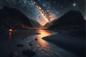 Naklejka na ściany i meble river flowing through a valley under a night sky