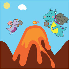 Dragons Playing Tennis  Next to a Volcano