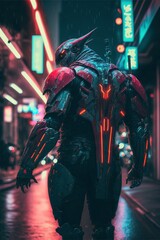 Fototapeta na wymiar robot walking down a city street at night