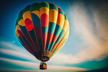 Fototapeta premium Colorful hot air balloon flying on sky. travel and air transportation concept - balloon carnival. Generative AI