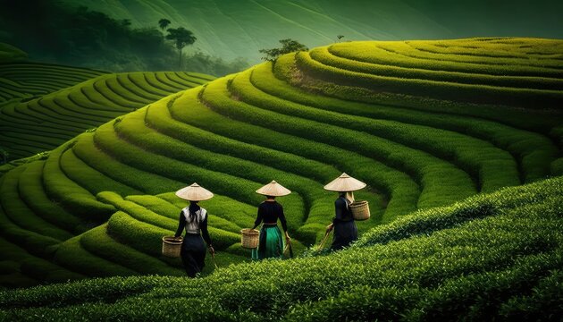 Women in asia pick tea on green plantation terraces, landscape background. Generative AI