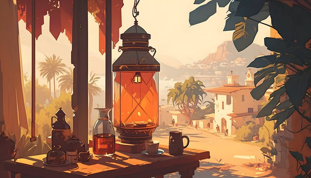 Beautiful ramadan holiday background illustrations, Arab street view with lantern date fruit, coffee pot, and rosary beads, figs, palm trees