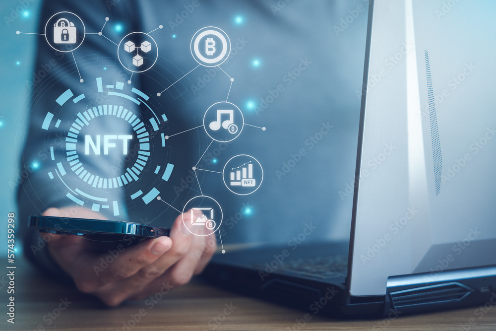Poster non fungible token concept. man using smartphone and laptop computer with nft icon on virtual screen