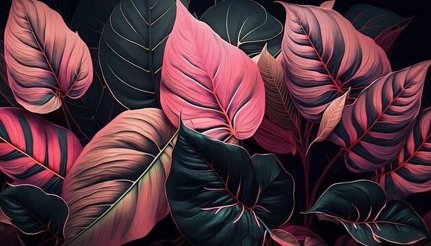 Tropical Floral Pink Leaves Wallpaper, Featuring a Vibrant Leafy Pattern Generative ai