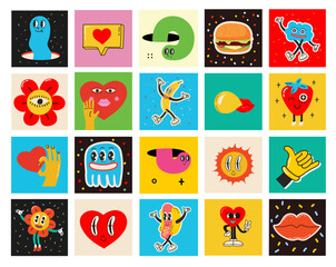 70's groovy square posters, cards or stickers. Retro print with hippie cute colorful funky character concepts of crazy geometric, dripping emoticon. Only good vibes sentence