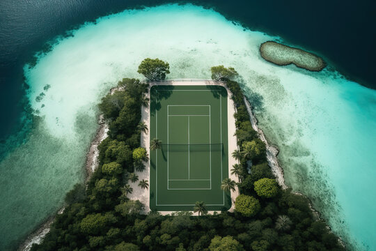AI illustration of tennis court surrounded by palms