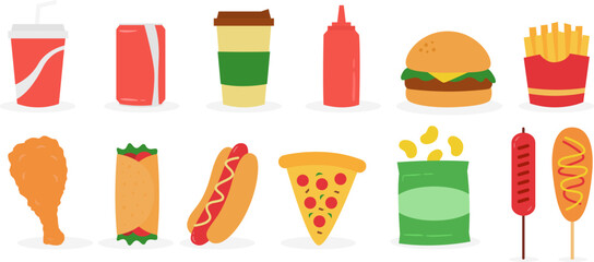Fast food flat design vector illustration set