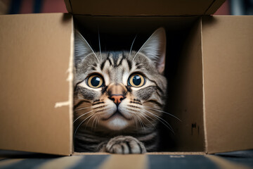 Fototapeta na wymiar Portrait Cute grey tabby cat in cardboard box on floor at home photography made with Generative AI