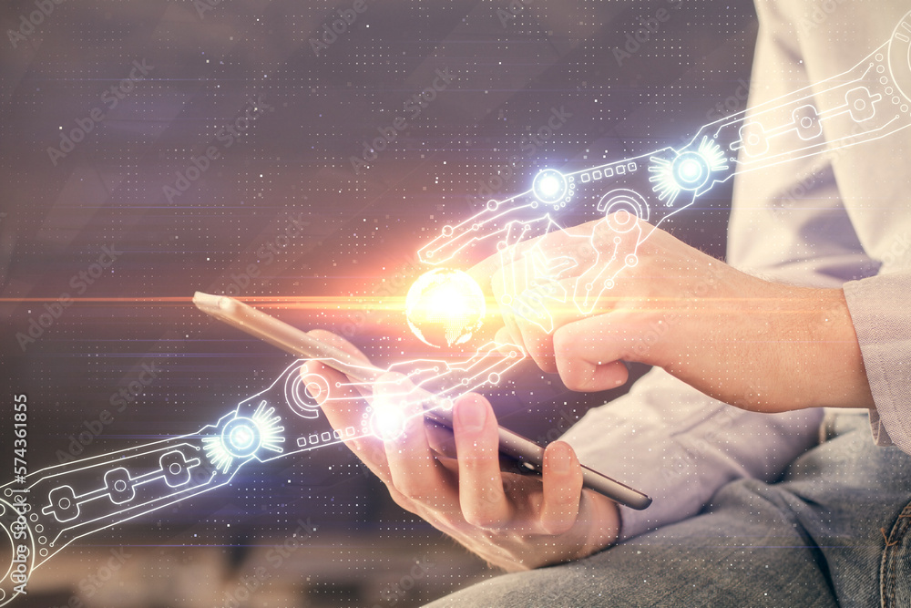 Aufkleber Multi exposure of man's hand holding and using a digital device and data theme drawing. Innovation concept.