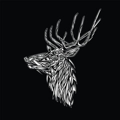 Original monochrome vector illustration in retro style. Deer head in abstract style. Design for t-shirt or sticker