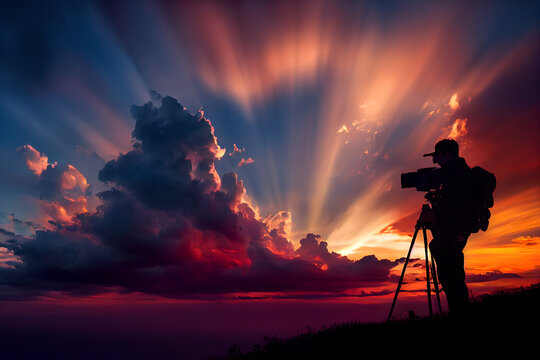 silhouette of photographer on beautiful sunset sky