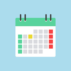 Calendar icon is in green. Calendar for marking an important date. Vector illustration in flat style. Isolated on a light blue background.