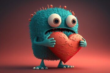 Cute Cartoon Blue Monster Holding a Heart with Space for Copy (Created with Generative AI)