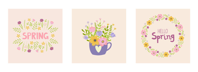 Set of spring mood posters template. Welcome spring season greeting card. Minimalist postcards with cute cartoon elements and lettering. Doodle flat style 
