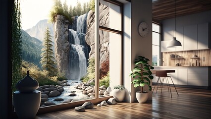 A Peaceful Living Room with a beautiful waterfall View
