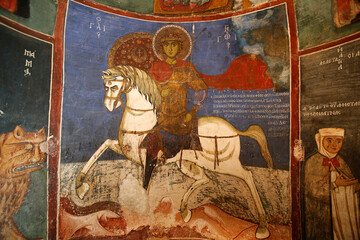 Panagia tis Asinou byzantine church. St George fresco. Cyprus. - obrazy, fototapety, plakaty