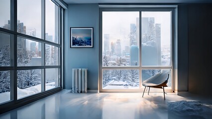 A Calming Living Room with a View of urban skyline from the Window in winter