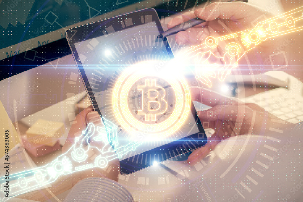 Poster double exposure of man's hands holding and using a phone and crypto currency blockchain theme drawin