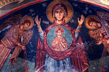 Church of Archangel Michael. Fresco : Virgin Mary surrounded by angels with Jesus in a medallion.....