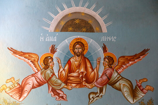 Fresco in Holy cross church, Pedoulas. Jesus Christ carried by angels. Cyprus.