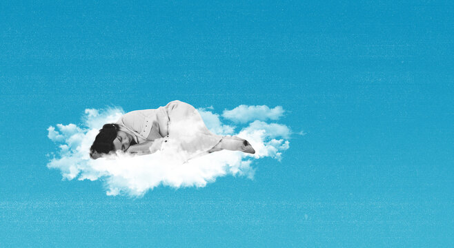 Creative design in retro style. Contemporary art collage. Young woman sleeping on cloud ver blue background. Dreams, relaxation. Concept of surrealism, creativity, inspiration, imagination. Ad, text