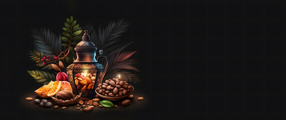 Arabic lantern of ramadan celebration background illustration, copy space banner