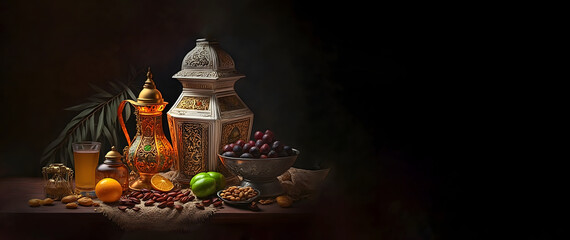 Fototapeta na wymiar Arabic coffee pot date fruit and rosary beads, Dallah isolated on dark free space banner, Ramadan Kareem Iftar party celebration. traditional teapot with Dried Date fruits in the bowl