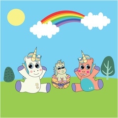 Two Unicorns and Baby Unicorn Illustration